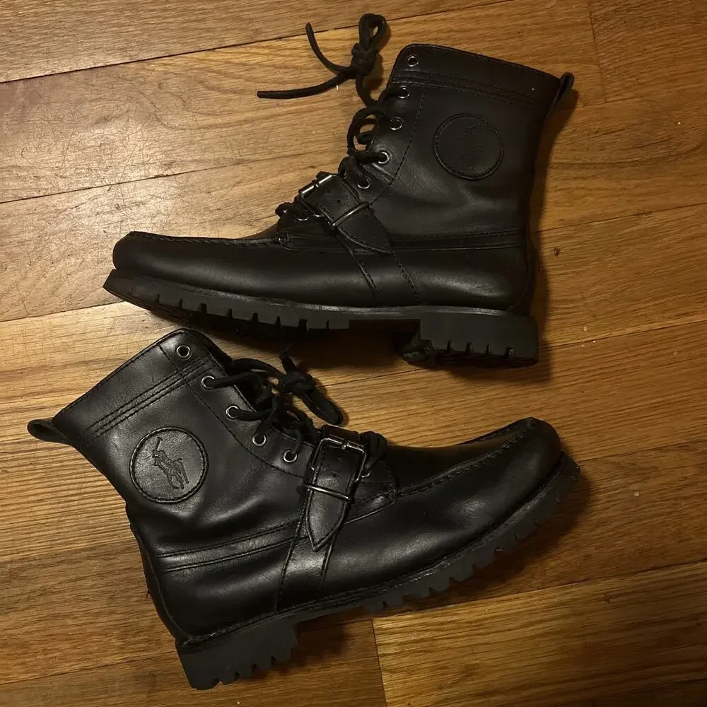 Polo Ralph Lauren Ranger Black Leather Army Boots Men Size 7.5/Women 9